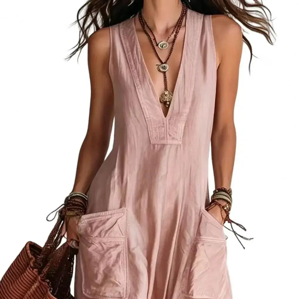 Sleeveless V Neck Loose Wide Leg Casual Jumpsuit For Women