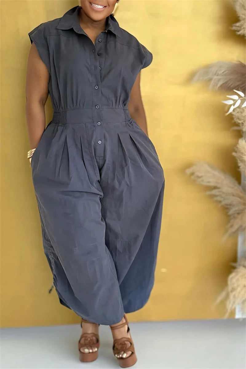 Doyerl Solid Casual Summer Jumpsuit Woman Clothing Turn-down Collar Button Up Sleeveless Loose Rompers One Piece Overalls 2025