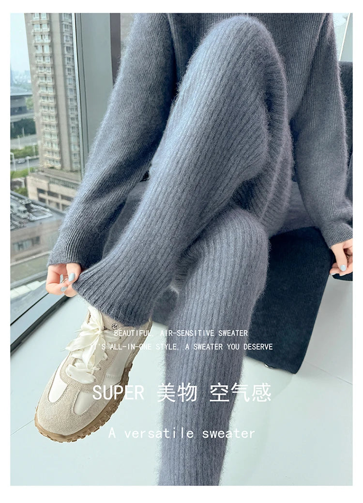 Warm Knit Elastic Waist Slim Fit Trousers for Women