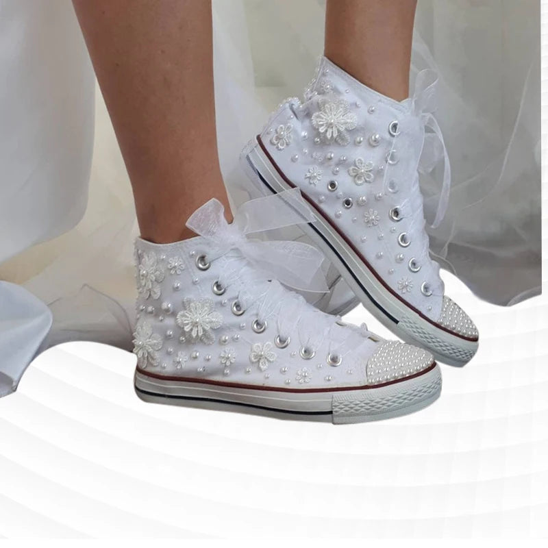 White Pearl Flower Lace-Up Wedding Sneakers for Women