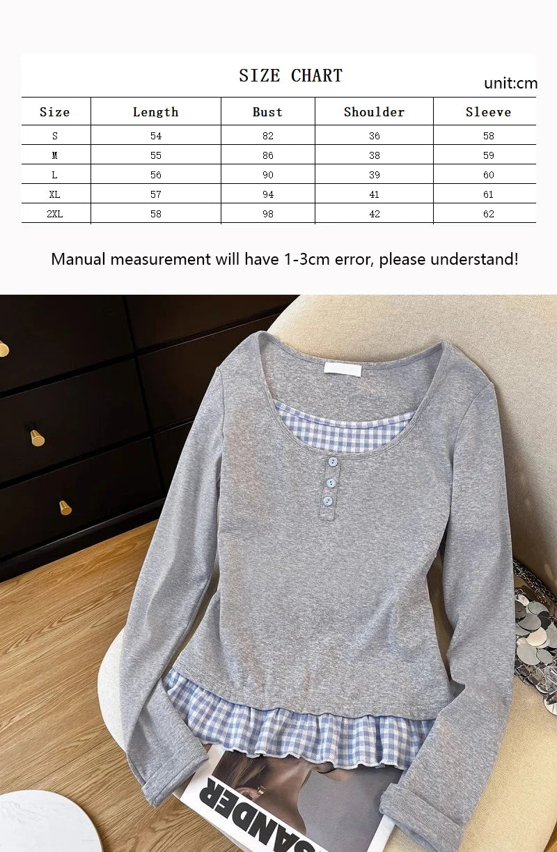 Fashion Fake Two Piece Long Sleeve T-shirt Women Autumn Round Neck Grey Plaid Splicing Pullover Korean Casual Versatile Top