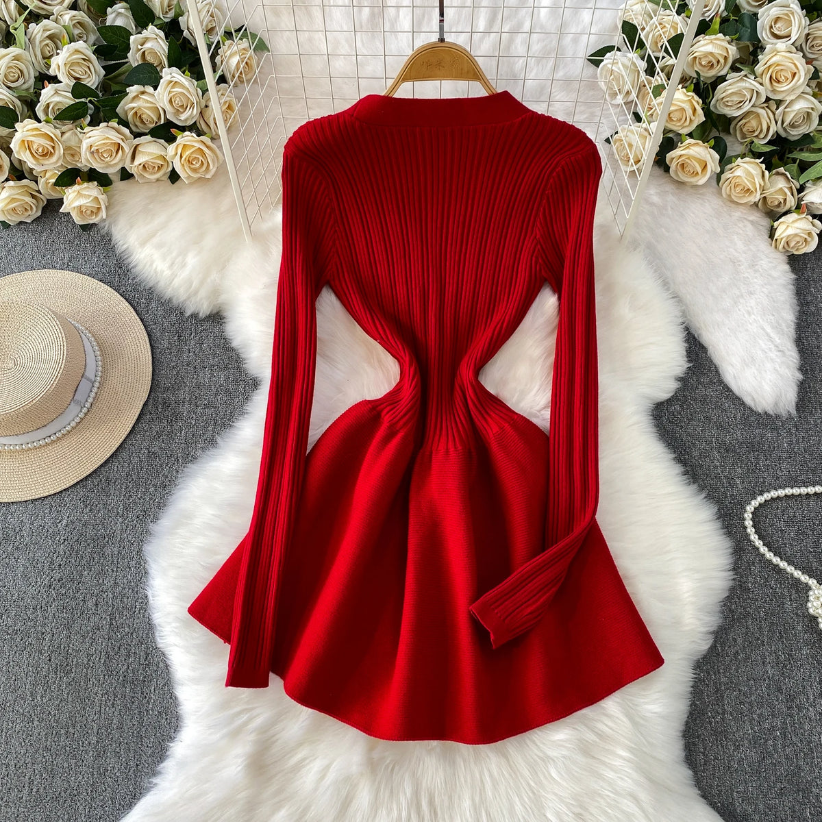 V Neck Knit A Line Long Sleeve Mini Dress for Women