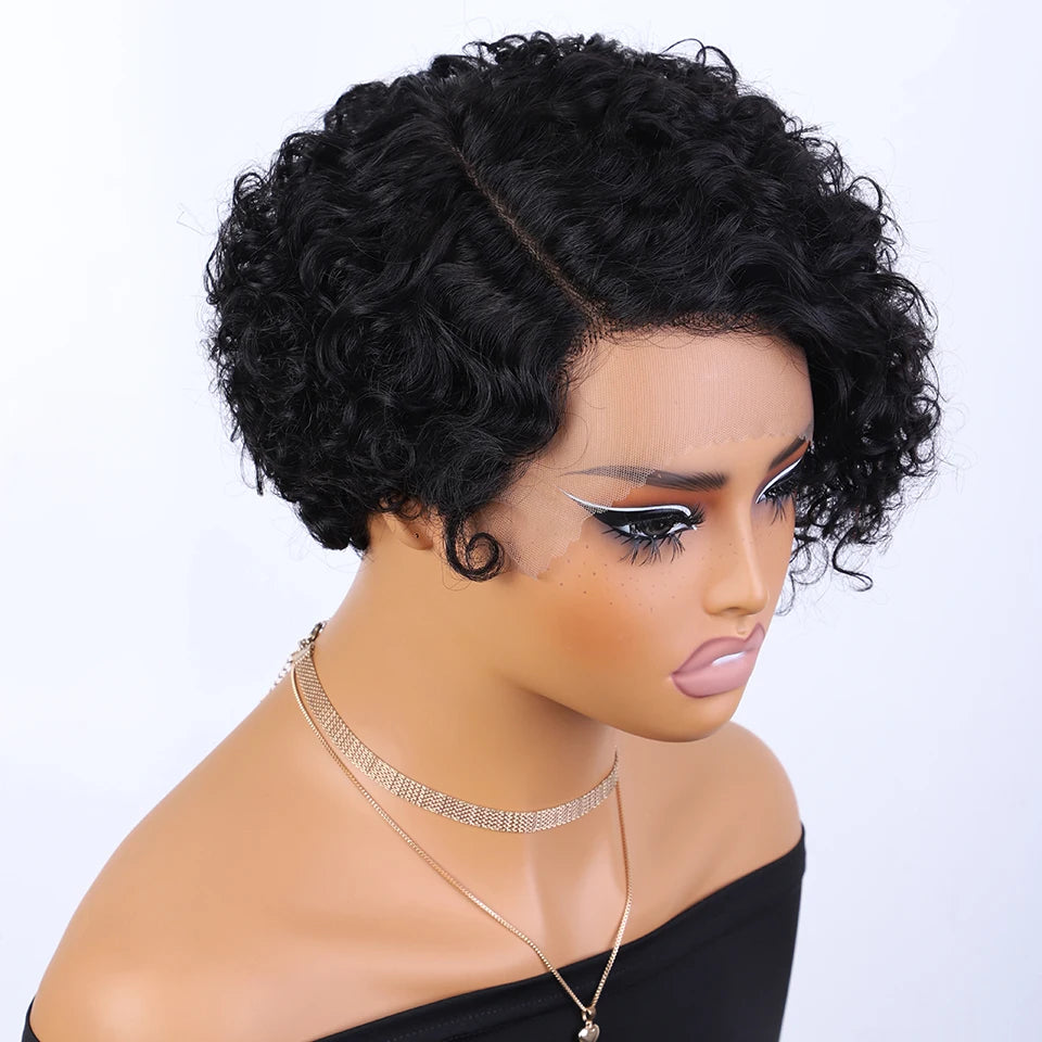 Curly Short Pixie Lace Front Wig Remy Human Hair Glueless for Women
