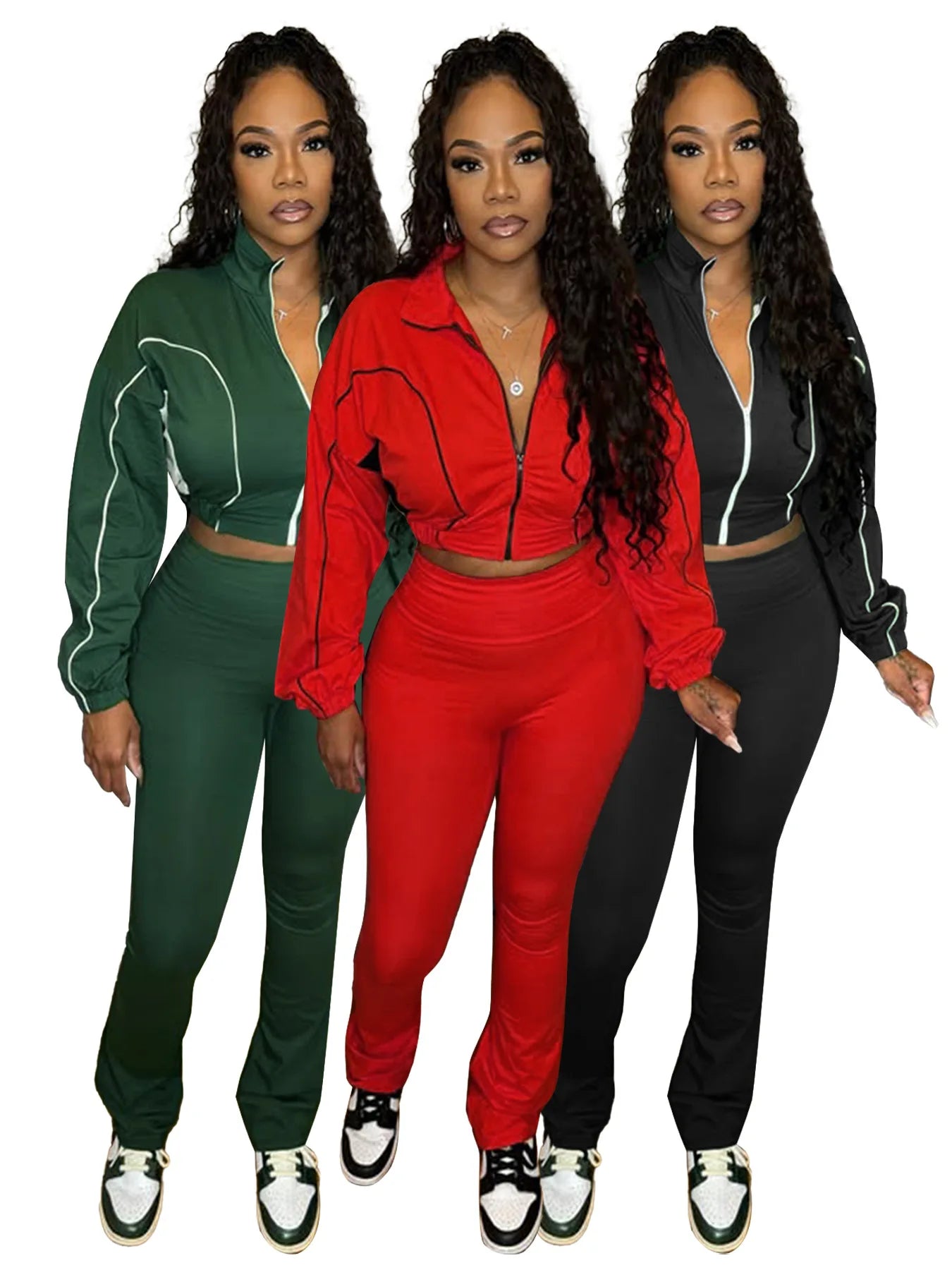 FAGADOER Casual Stripe Patchwork 2 Pieces Set for Woman Zip Long Sleeves Ruched Crop Top + Flare Pants Tracksuit Female Jogger