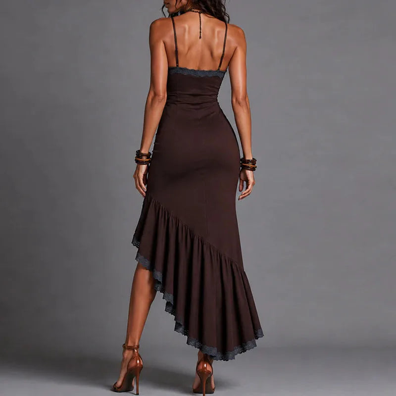 Lace Trim Mermaid Maxi Dress With Front Tie and High Slit for Women