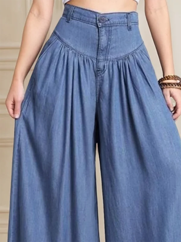Women's Imitation Denim High Waist Wide Leg Palazzo Pants 2026 New Spring Fashion Pleated Casual Streetwear Y2K Style Trousers