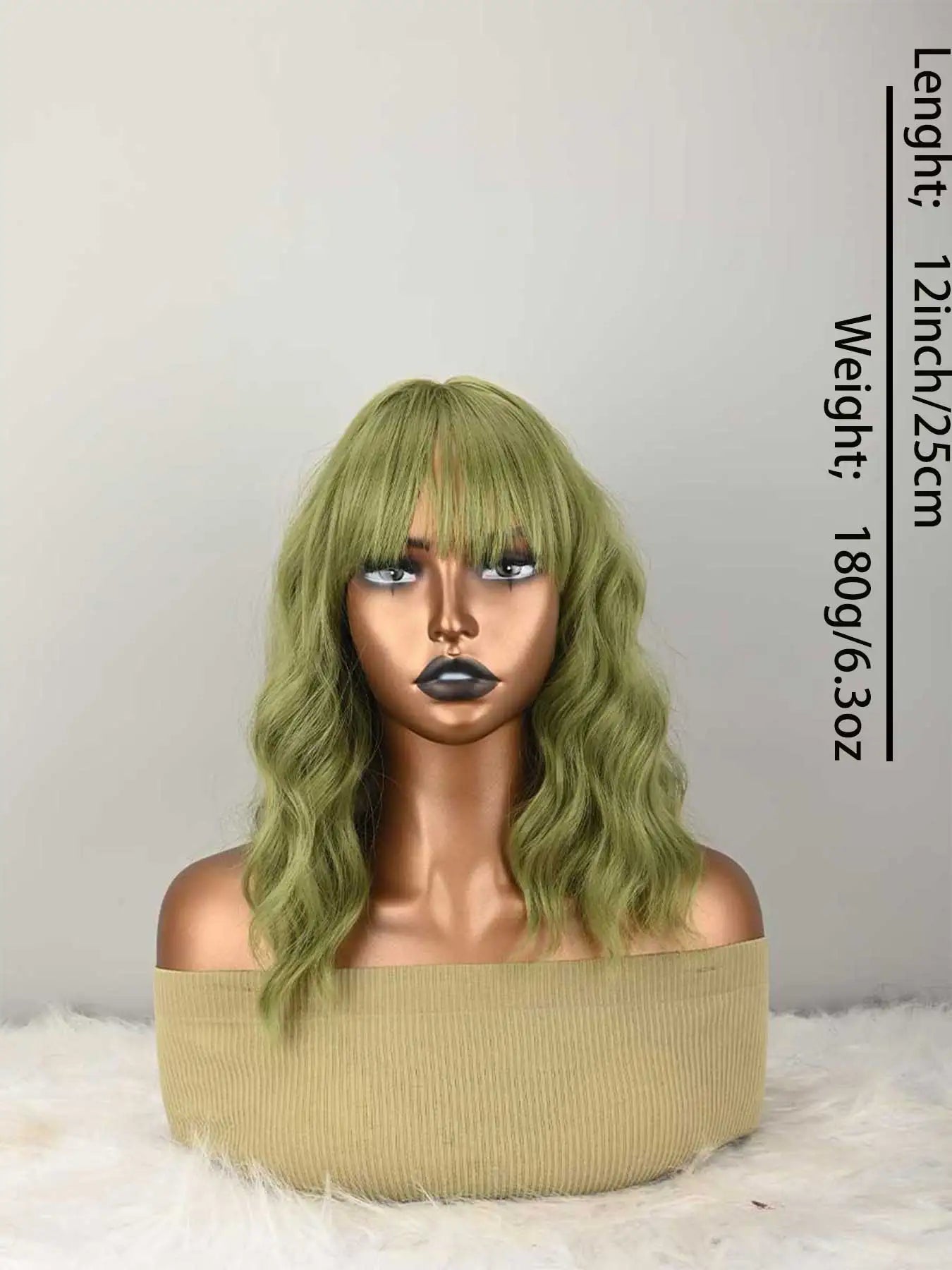 Natural Green Synthetic Wavy Bob Wig With Bangs For Women