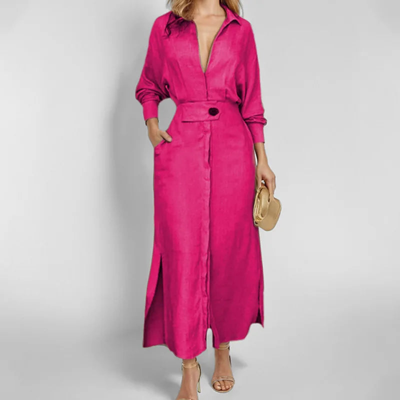 Autumn Elegant Long Sleeve V Neck Shirt Dress for Women
