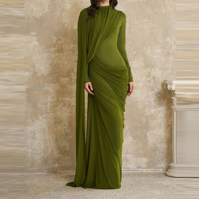 Women's Casual Long Sleeve Ribbon Gowns Elegant Round Neck Slim Evening Dress 2026 Fashion Pleated Design Solid Color Long Dress