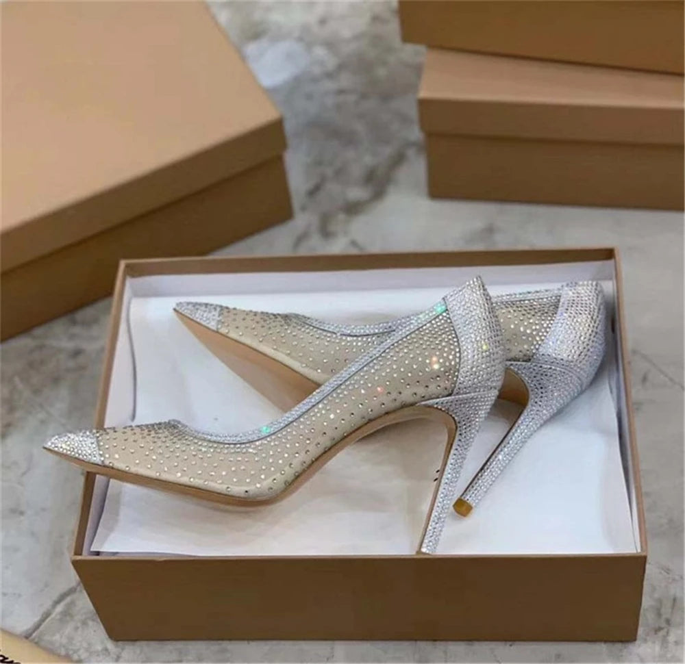 Rhinestone Mesh Pointed Toe Thin High Heels for Women