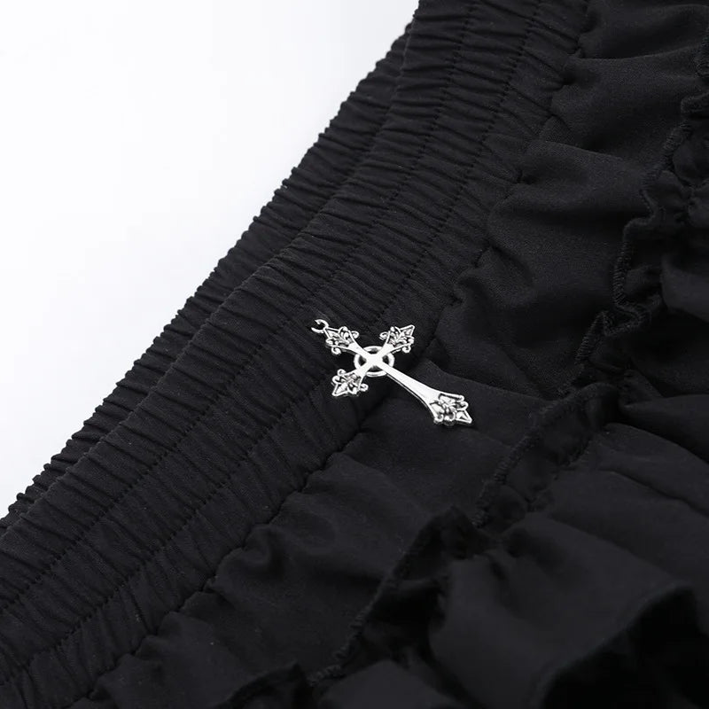 FAGADOER Punk Gothic Sexy Fur Leather Patchwork 2 Pieces Set for Woman Sleeveless Backless Tops and Bubble Puff Skirt Streetwear