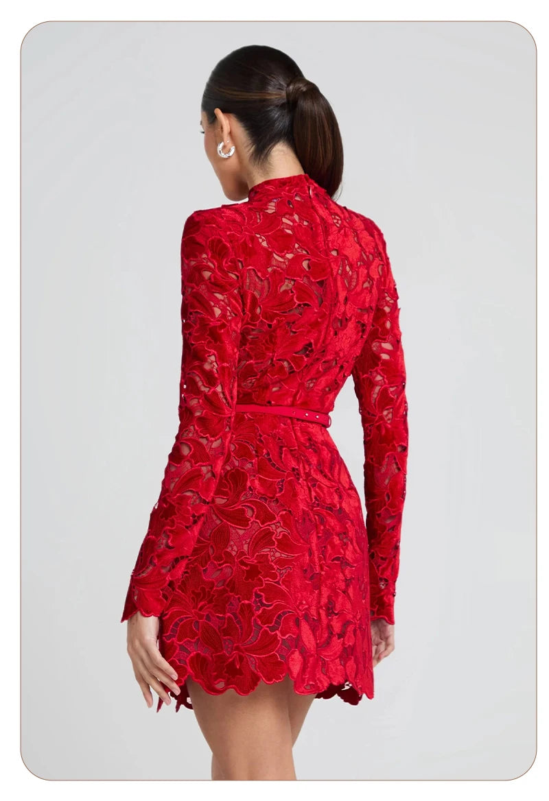 Retro Glamour Red Lace Waist-Cinched Mini Dress for Women