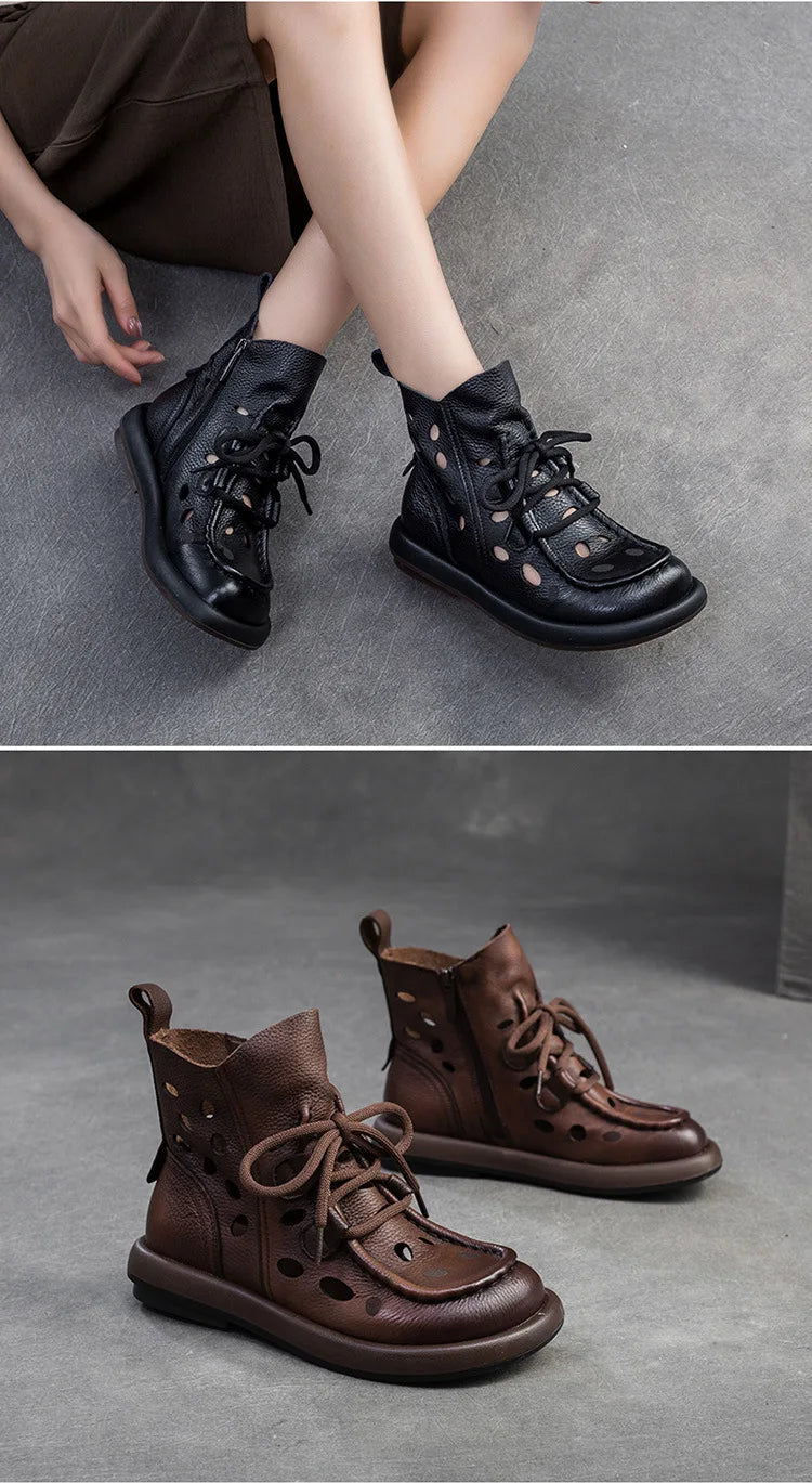 Breathable Hollow-Out Genuine Leather Ankle Boots for Women