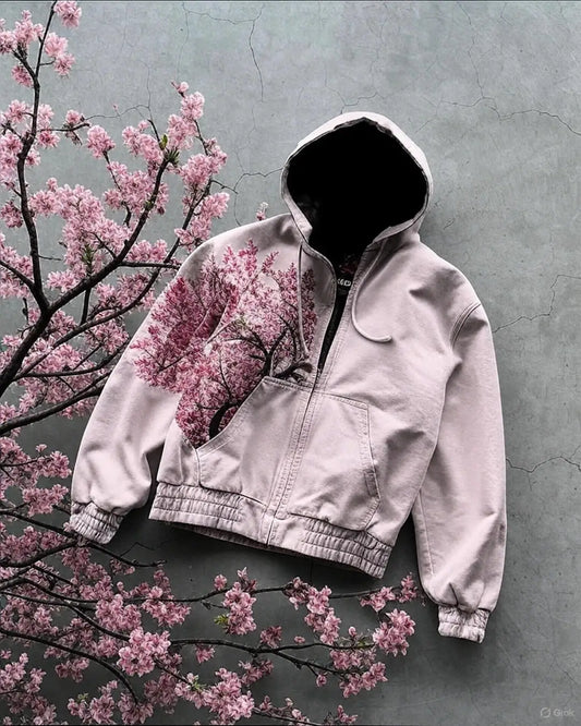American Vintage Y2K Cherry Blossom Embroidered Hooded Jacket Womens Pink Zipper Coat with Floral Tree Graphic Streetwear