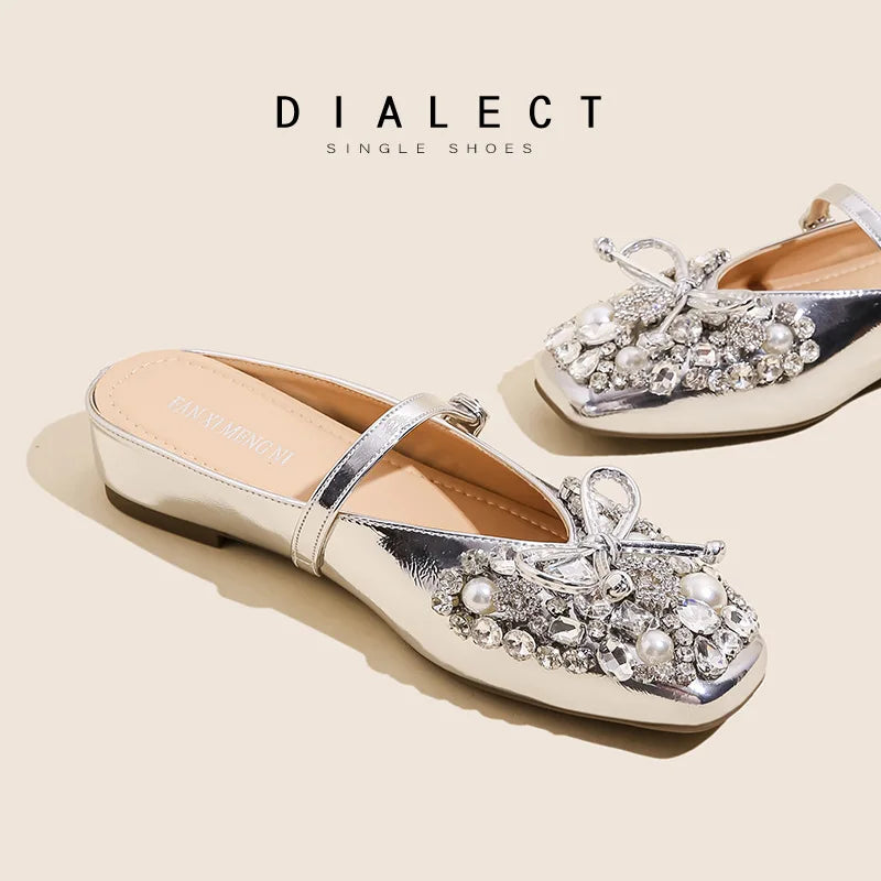 Pearl Bow Embellished Square Toe Flat Shoes For Women
