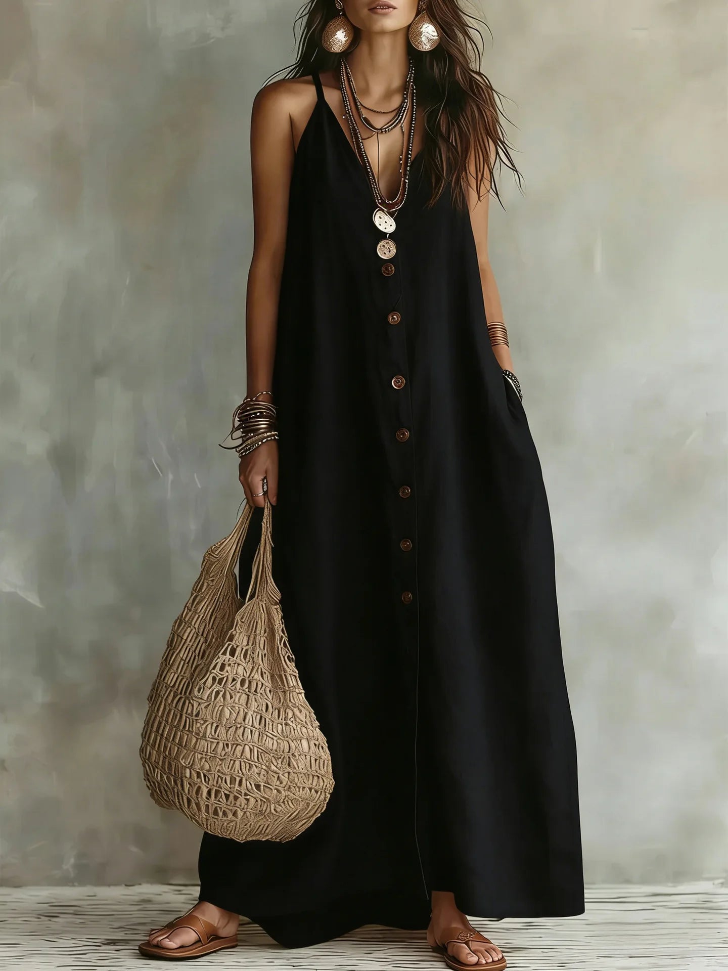 Spaghetti Strap V Neck Front Button Pocket Linen Maxi Dress for Women