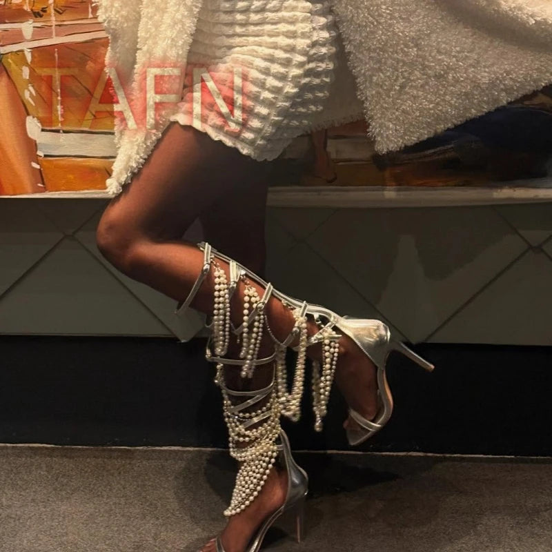 Gladiator Open Toe High Heel With Pearl Chains Sandals for Women