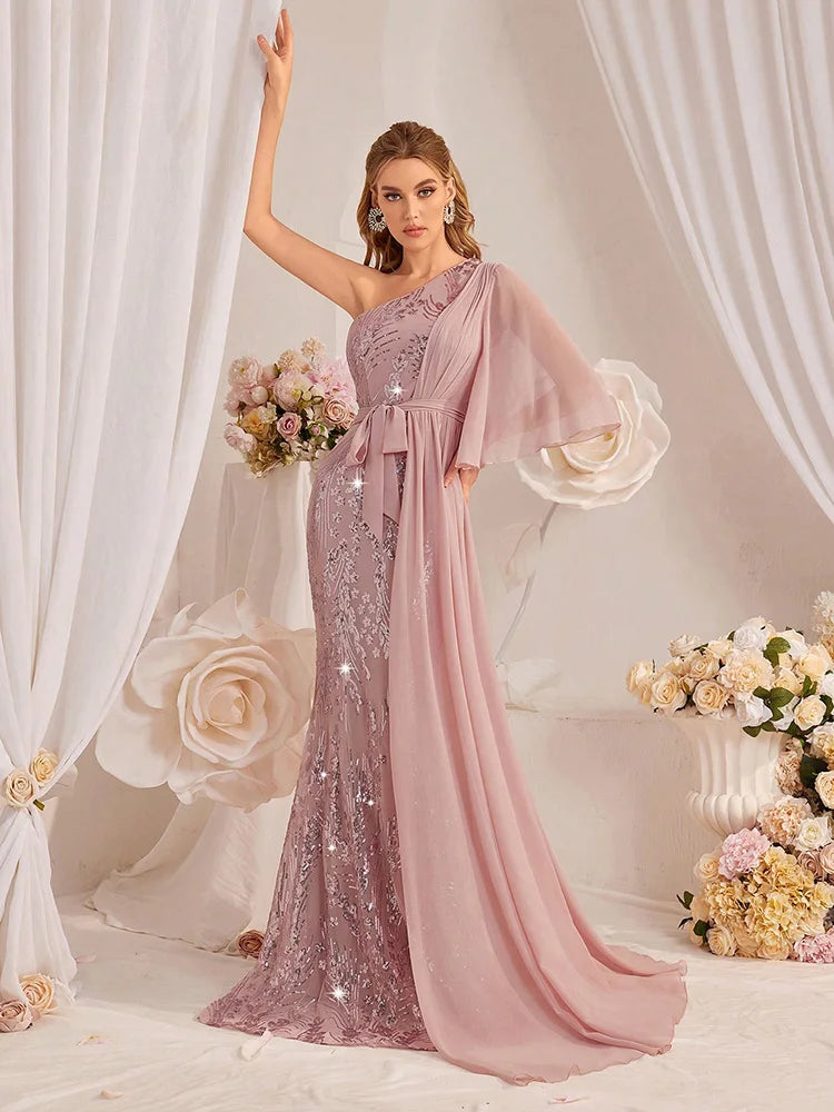 TOLEEN 2024 New Luxury Elegant Sequin Long Maxi Gown Dresses Women's One Shoulder Sparkle Patchwork Formal Party Evening Dress