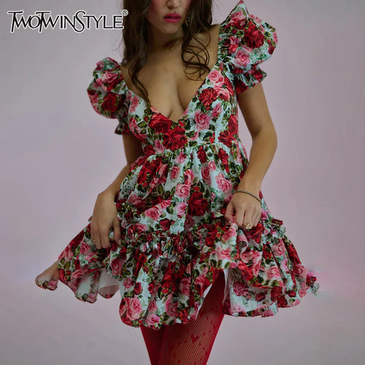 TWOTWINSTYLE Colorblock Spliced Printing Elegant Dresses for Women V Neck Short Sleeves Patchwork Folds Dress Female Clothing