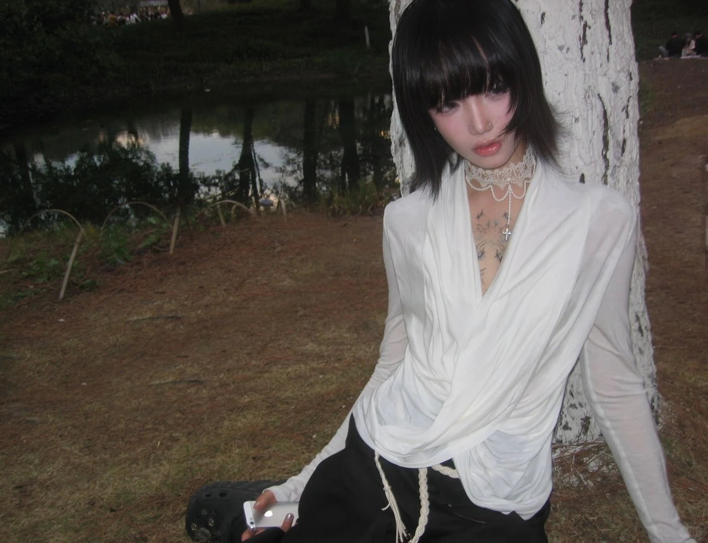 Karrram Japanese Y2k Cross Tops Trashy 2000s Style V-neck Long Sleeve T-shirt Vintage Harajuku White Irregular Tops American 90s