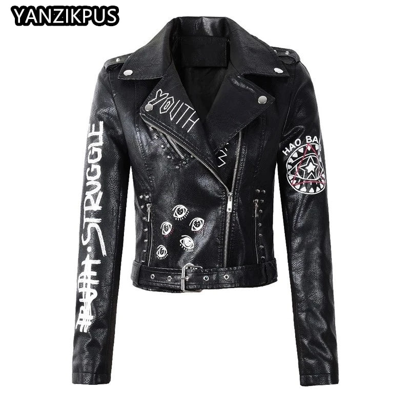 Rivet Zipper Faux Leather Motorcycle Jacket for Women