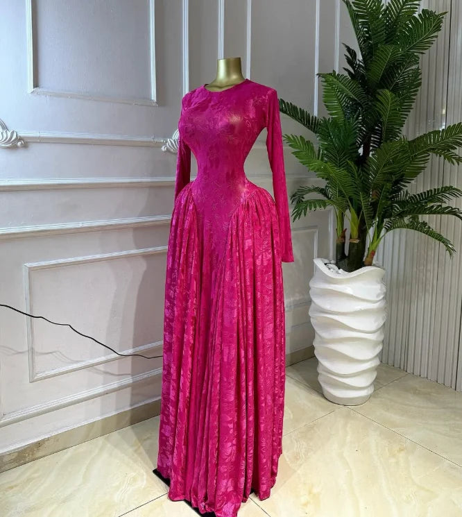 Elegant Pleated O Neck Long Sleeve Maxi Dress For Women