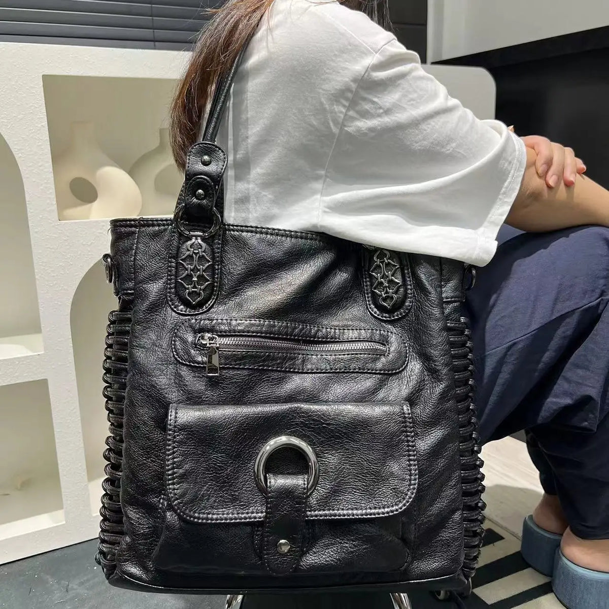 Distressed Vegan Leather Shoulder Tote Bag for Women
