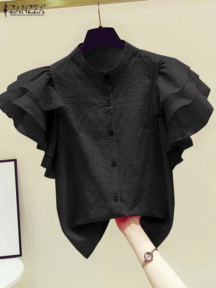 ZANZEA Korean Fashion Lace Shirt Women Ruffle Short Sleeves Tops 2024 Summer Designer Blouse Office Lady Lapel Neck Buttons Tops