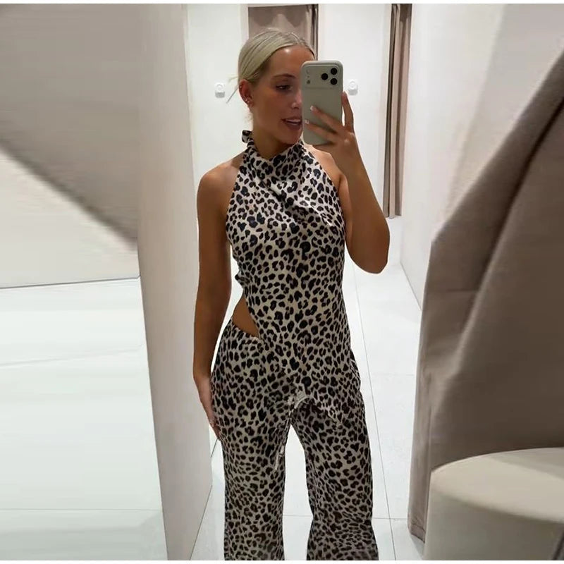 Leopard Print Halter Neck Top And High Waist Flare Pants Set For Women