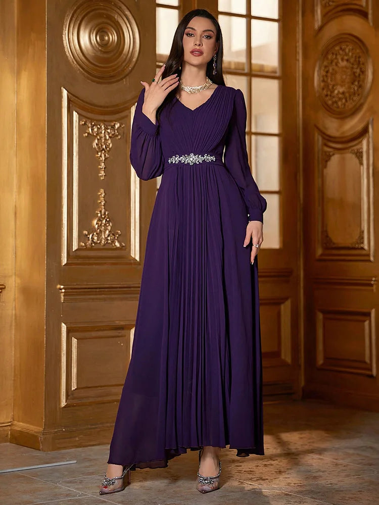 TOLEEN 2024 Summer Luxury Elegant Party Evening Swing Dress With Rhinestone Embellishment Women Long Sleeve V-Neck Solid Pleated