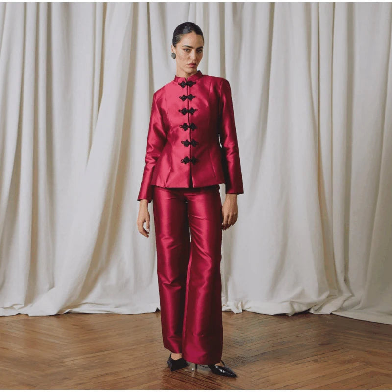 Elegant Satin Frog Button Standup Collar Jacket for Women