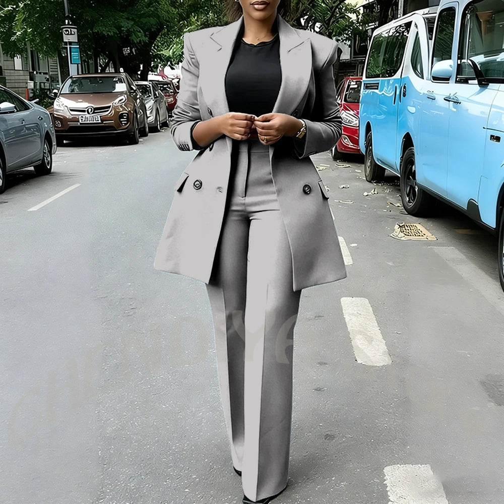 High Quality Women Suits Double Breasted Straight Formal 2 Piece Jacket Pants Peak Lapel High Street Daily Office Casual Suit
