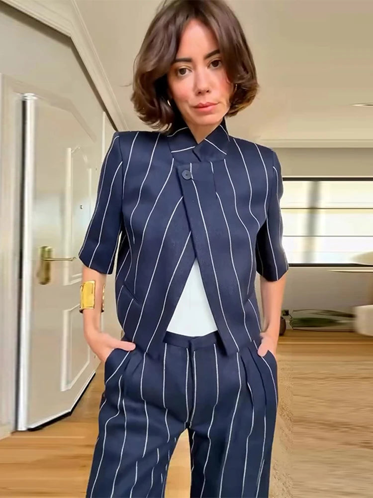 Elegant Striped Two Piece Coat and Pants Set for Women