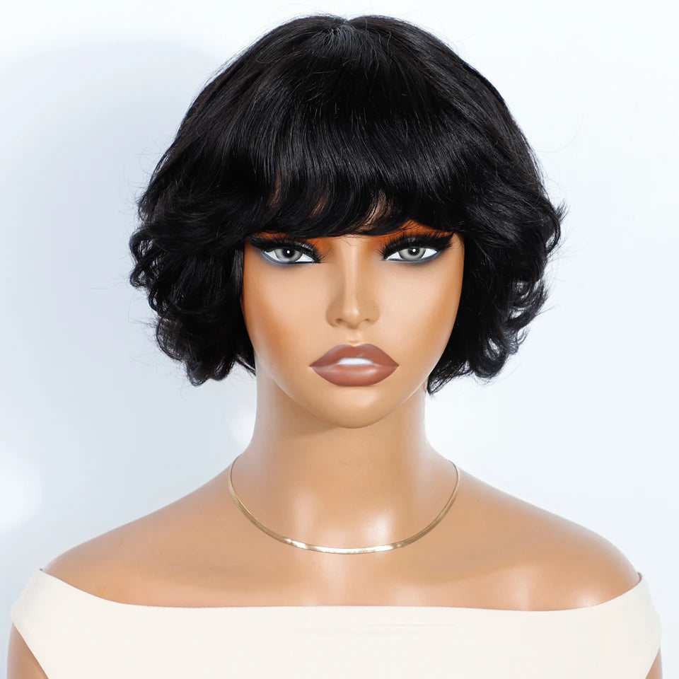 Remy Human Hair Short Pixie Cut Wavy Bob Lace Closure Wig for Women