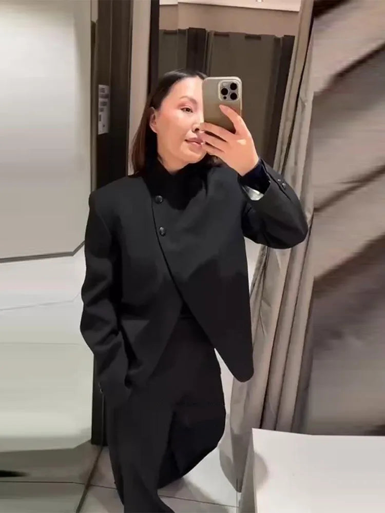 Elegant Stand Collar Coat and Trousers Set for Women