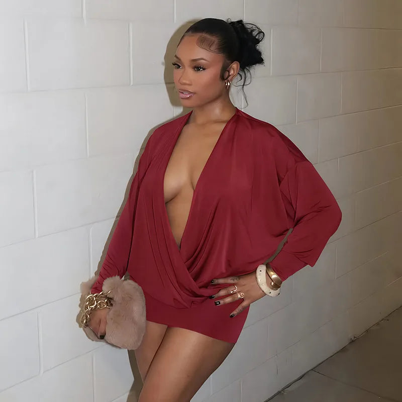 Solid Color Long-Sleeved V-Neck Mini Dress for Women