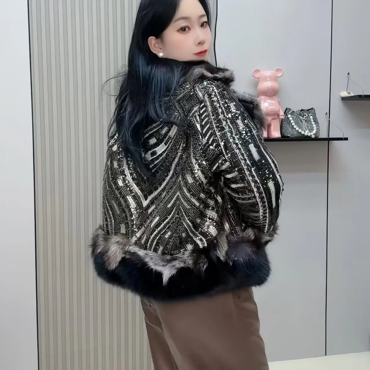 Faux Fur Coats for Women,Covered ButtonJacket,Thicken Warm Female Clothes,Luxury,Fox Fur Collar,Spliced,Sequins,New, Winter