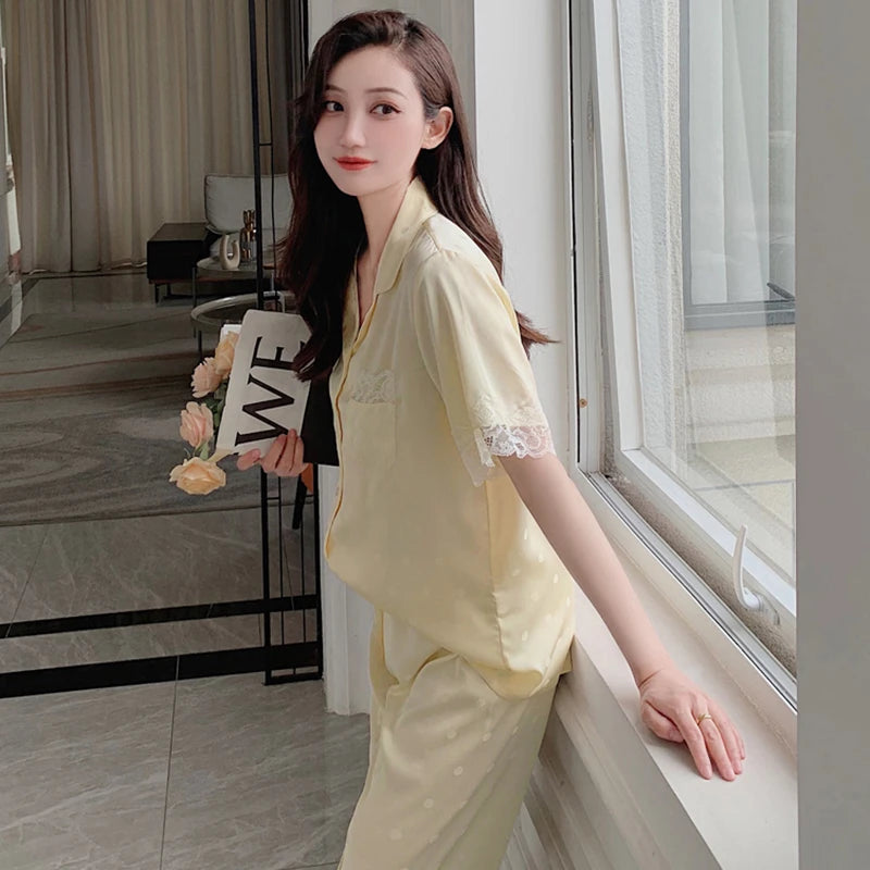 Y2k Pink Sweet Dot Lace Jacquard Women Pajamas French Romantic Lazy Lady Nightgown 2024 New Summer Korean Harajuku Home 2pc Set
