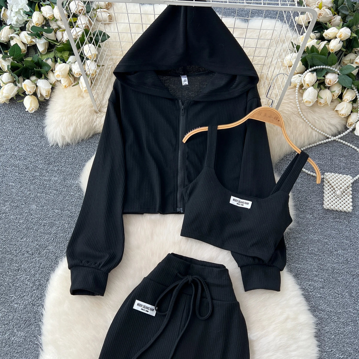 Sporty Three Piece Hoodie, Camisole and Pants Set for Women