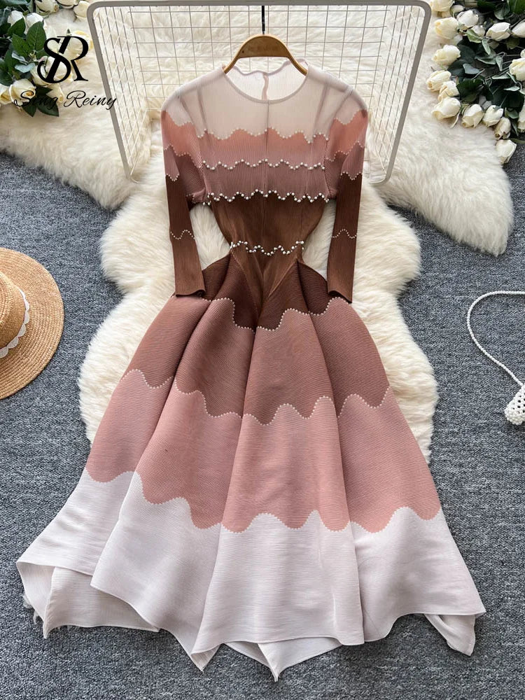 Wave Print Long Sleeve Ankle Length Evening Dress for Women