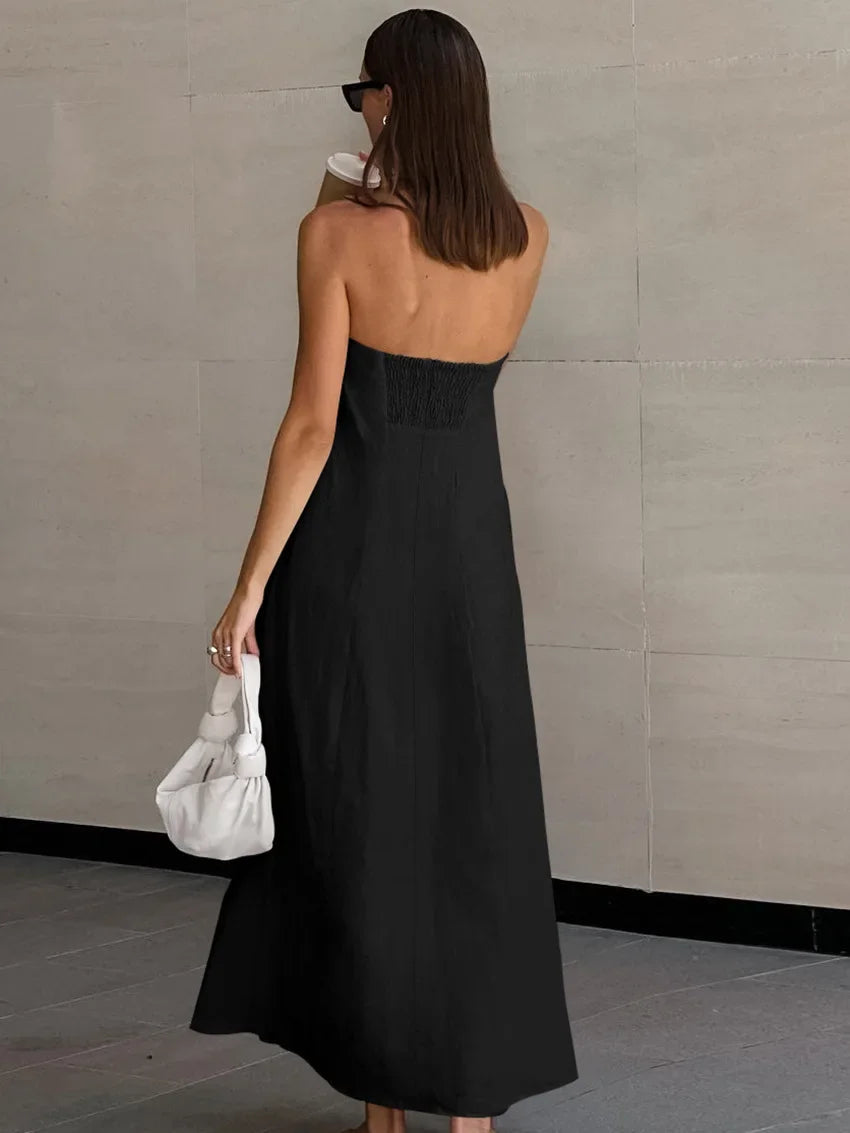 Solid Color Strapless Sleeveless Pocket Dress for Women