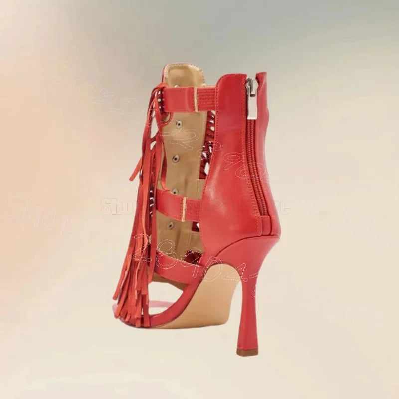 Red Metal Button Tassels Open Toe Sandals with Back Zipper Thin Heels for Women