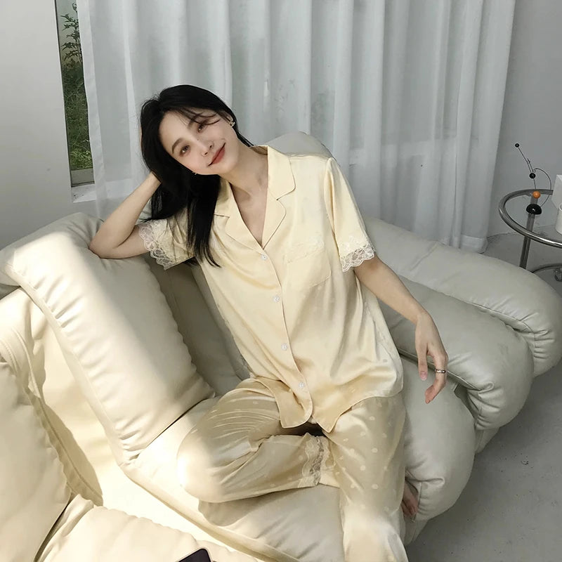 Y2k Pink Sweet Dot Lace Jacquard Women Pajamas French Romantic Lazy Lady Nightgown 2024 New Summer Korean Harajuku Home 2pc Set