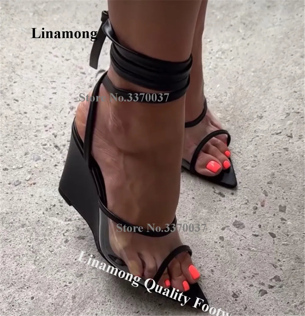 Transparent PVC Pointed Toe Wedge Sandals With Ankle Strap For Women