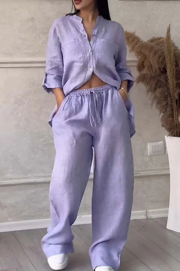 Loose Cotton Linen Shirt And Wide Leg Pants Set For Women