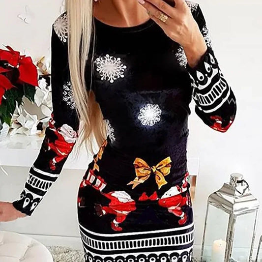 Christmas Dresses Women and Fall New Long Sleeved Printed Short Dress Fashionable Versatile Base Skirt for Female 2024 Summer