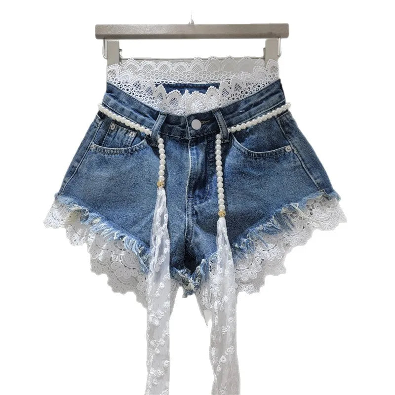 Crochet Lace Trim Raw Hem Denim Shorts With Pearl Belt For Women