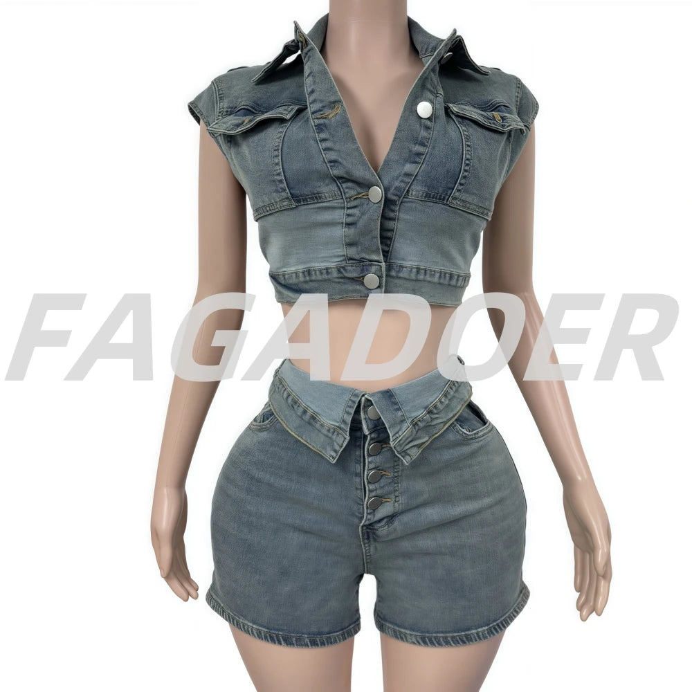 Denim Patchwork Cargo Street Style Two Piece Set for Women