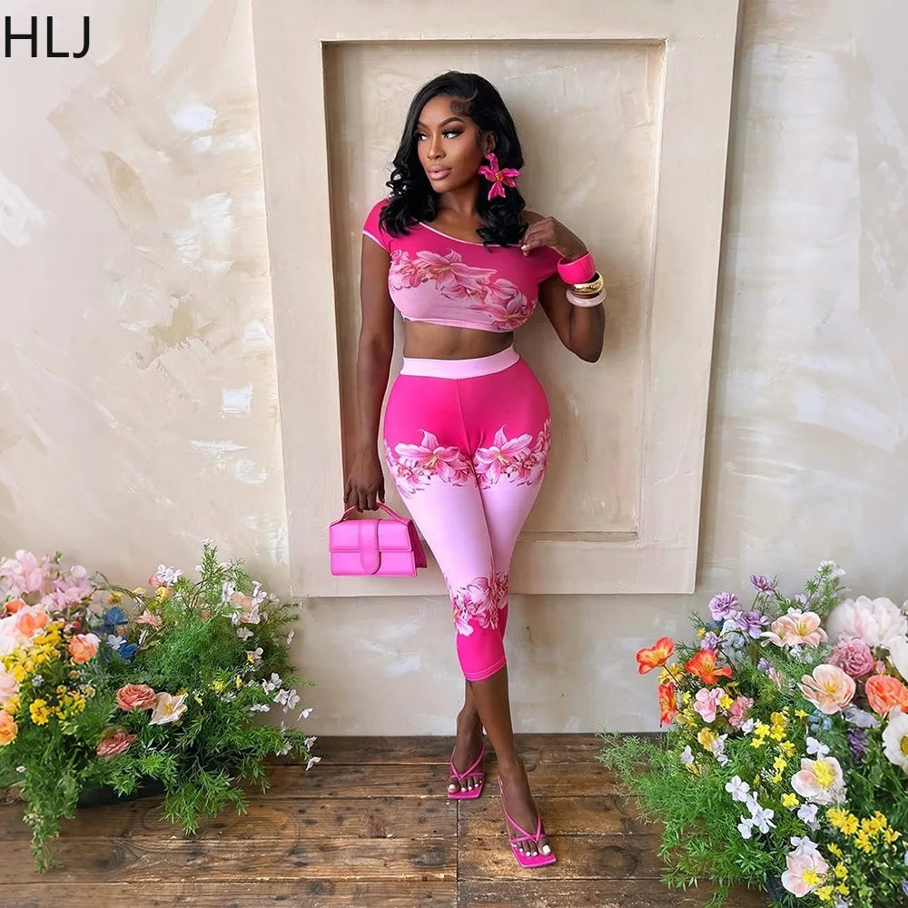 Casual Floral Print Off Shoulder Two Piece Set for Women