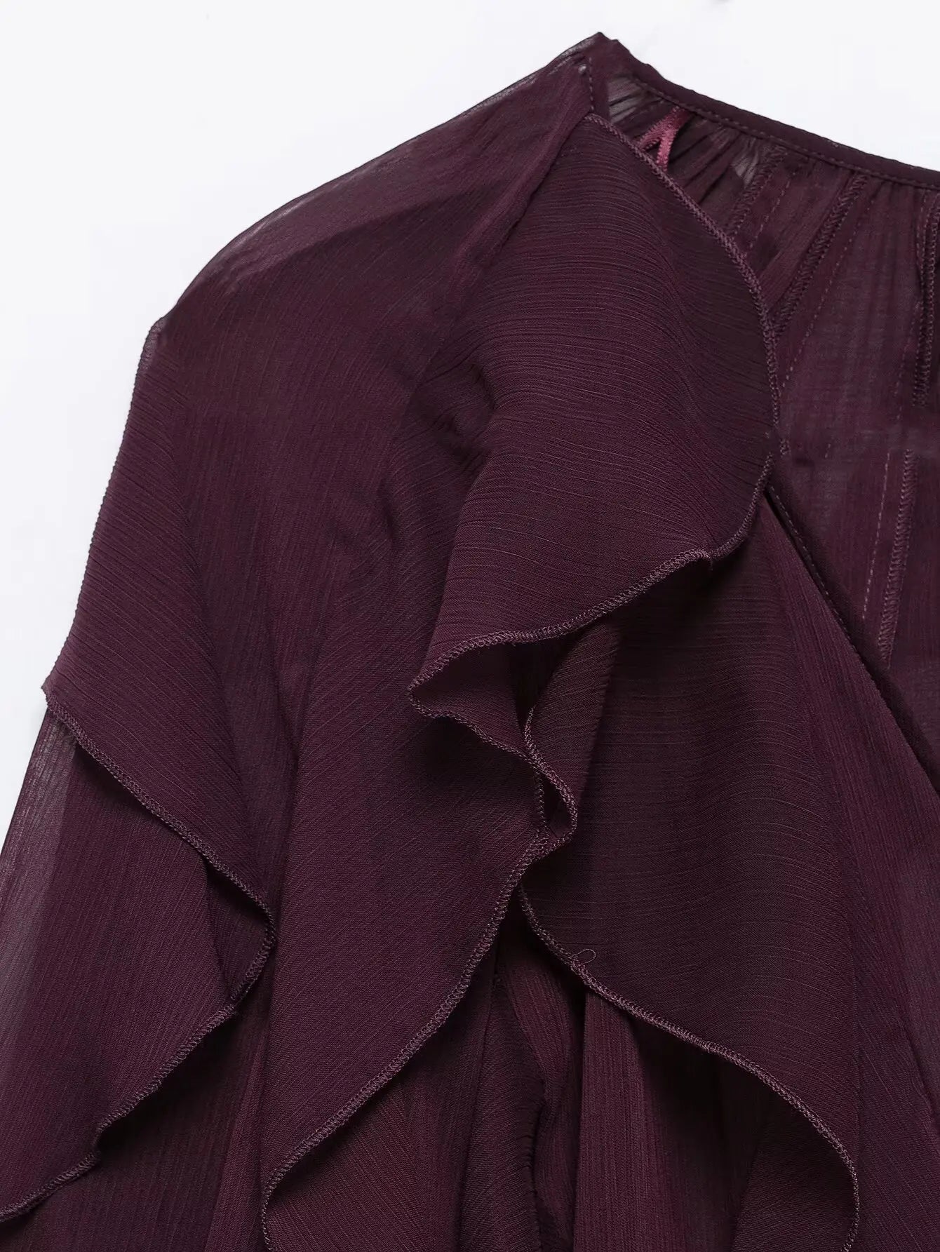 TRAFZA 2025 Women Elegant Solid Ruffles Blouse Spring Female V-Neck Long Sleeved Gauze Shirt Casual Hollow Out Lady Clothes